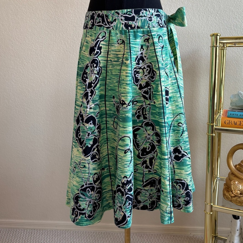 Anthropologie Odille Green Floral‎ Sequin Embroidered Skirt Size 4